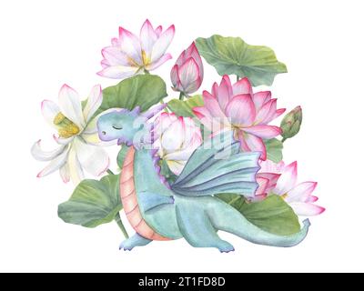 Drache, der in Dreieckspose zwischen blühenden Seerosen steht. Yoga-Übungen bei Tieren. Blumenzusammensetzung. Realistische Lotusblume, Blätter. Stockfoto