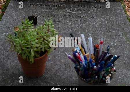 Das Grab des französischen Schriftstellers und Dramatikers tMarguerite Duras mit Stifttöpfen Montparnasse Friedhof, Cimetière du Montparnasse, 14. Arrondissement Stockfoto