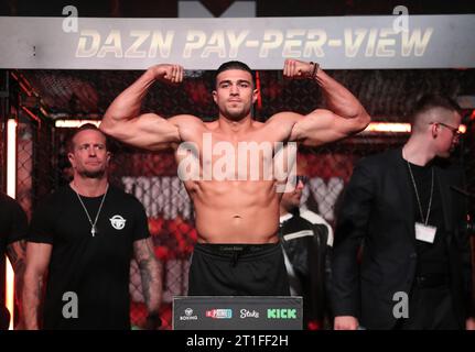 Tommy Fury während eines Wiegens in der Exchange Hall, Manchester. Bilddatum: Freitag, 13. Oktober 2023. Stockfoto