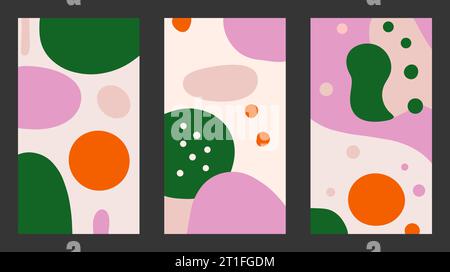 Setzen Sie niedliche Hintergründe mit Doodle-Muster mit abstrakten Formen. Sammlung vertikaler abstrakter Vorlagen für Social-Media-Geschichten. Retro Groovy Style Vektor Stock Vektor