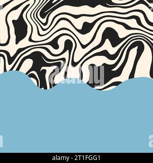 Abstrakte Bannervorlage mit Zebramuster und hellblauem Kopierraum. Trendiges, grooviges quadratisches Cover für Post in sozialen Medien. Retro-Hippie-Style der 70er Jahre Stock Vektor