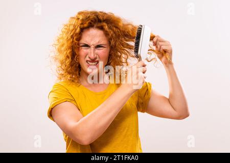 Wütende Ingwerfrau, die Haarbürste hält und ihr lockiges Haar kämmt. Stockfoto