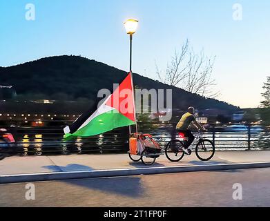 Heidelberg, Deutschland. Oktober 2023. Ein Radfahrer fährt entlang der Neckar-Promenade mit einer übergroßen palästinensischen Flagge. Nach dem Terroranschlag der Hamas auf Israel gab es zahlreiche Reaktionen in ganz Deutschland. Quelle: Dieter Leder/dpa/Alamy Live News Stockfoto