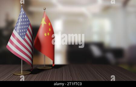 Handelskrieg, kleine Flaggen der Vereinigten Staaten von Amerika und China Stockfoto