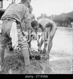 Die britische Wiederbesetzung von Singapur japanische Kriegsgefangene bei der Arbeit Reinigung Straße Entwässerung in Singapur. Stockfoto