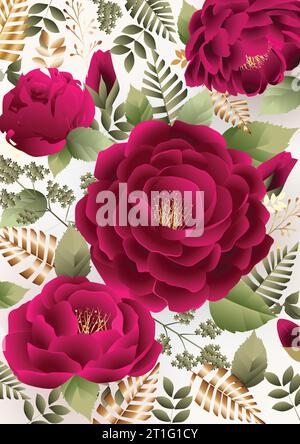 Rote Rosen mit goldenen Blättern. Floraler Hintergrund Stock Vektor