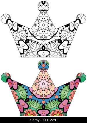 Crown zentangle gestylt für T-Shirt-Design, zum Färben, Tätowierung und andere Dekorationen. Farb- und Umrissset Stock Vektor