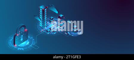 Isometrisches Big-Data-Flow-Verarbeitungskonzept, Cloud-Datenbank. Abstrakter technologischer Hintergrund. Vektorabbildung Stock Vektor