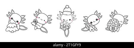 Set von Kawaii Christmas Axolotl Malseite. Sammlung von niedlichen Vektor Weihnachten Tier Outline Stock Vektor