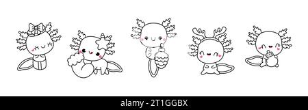 Satz von Vektor Weihnachten Axolotl Malseite. Sammlung von Kawaii New Year Amphibian Outline. Stock Vektor