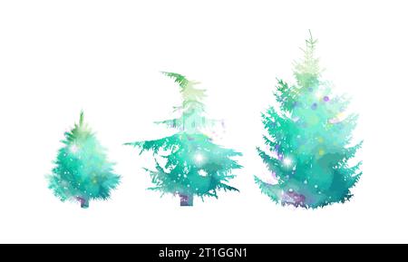 Set handgezeichneter Weihnachtsbäume mit Aquarellmalerei. Handzeichnung. Nicht AI, Illustrat3 . Vektorabbildung Stock Vektor