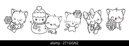 Set der Kawaii Weihnachtskatze Malseite. Sammlung von niedlichen Vektor Weihnachten Tier Outline Stock Vektor
