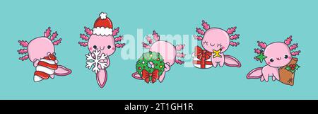 Satz von Vektor Weihnachten Axolotl Illustrationen. Kollektion von Kawaii Christmas Animal für Aufkleber. Stock Vektor