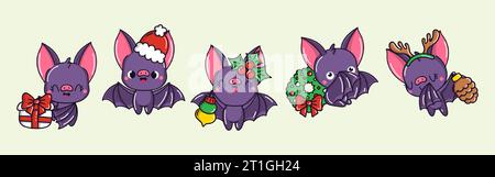 Set von Kawaii Christmas Fledermaus Vektor. Sammlung von Vector Xmas Animals Illustrationen für Aufkleber. Stock Vektor