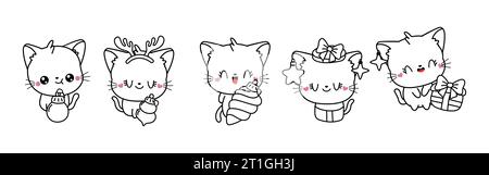 Satz der Vektor-Weihnachtskatze-Malseite. Sammlung von Kawaii isolierten Neujahrs-Tier-Outline Stock Vektor