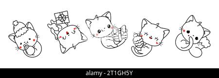 Set der Kawaii Weihnachtskatze Malseite. Sammlung von niedlichen Vektor Weihnachten Kitten Outline Stock Vektor