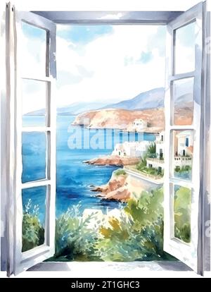 Vintage-Illustration mit blauem Fenster Meer griechenland Aquarell Stock Vektor