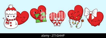 Satz von Vektor Weihnachten Herz Illustrationen. Sammlung von Kawaii Weihnachtscharakteren für Sticker Stock Vektor