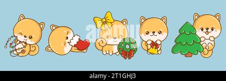 Sammlung von Vector Christmas Shiba Inu Dog Art. Set der isolierten Silvester-Hündchen-Illustration. Stock Vektor