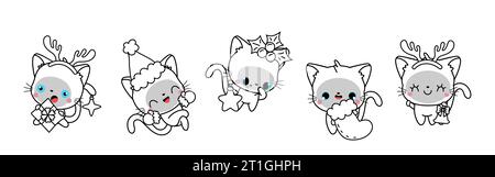 Set mit Kawaii Christmas Siam Cat Malpage. Sammlung von niedlichen Vektor-Weihnachtskatze Outline Stock Vektor