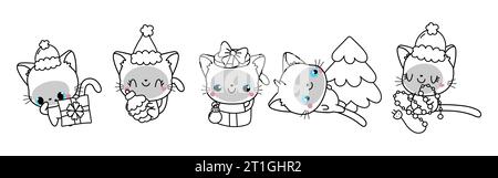 Satz von Vektor Weihnachten Siam Katze Malseite. Sammlung von Kawaii New Year Kitten Outline. Stock Vektor