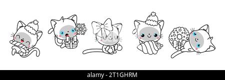 Sammlung von Vector Christmas Siam Cat Outline. Set der isolierten Seite „Weihnachten Kitty“ Stock Vektor