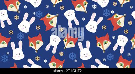 Cartoon Weihnachtsmuster mit niedlichem Fuchs und Kaninchen, Feenschwanzfiguren mit fallenden Schneeflocken. Stock Vektor