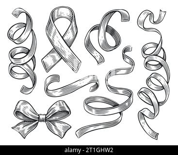 Set aus Band und Schleife. Kollektion dekorativer Feiertagselemente für Geburtstag, Hochzeit oder Weihnachtsfeier Stock Vektor