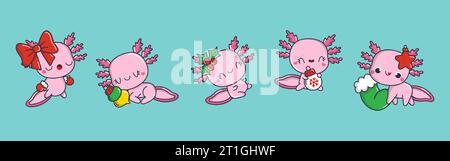 Set von Kawaii Christmas Axolotl. Sammlung von niedlichen Vektor Weihnachten Salamander Illustrationen. Stock Vektor