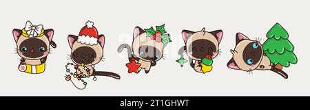 Satz von Vektor Weihnachten Siamkatze Illustrationen. Sammlung von Kawaii Christmas Kitten Art. Stock Vektor