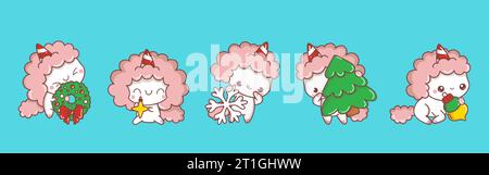 Set von Kawaii Christmas Unicorn. Sammlung von niedlichen Vektor Weihnachten Tier Illustrationen für Aufkleber Stock Vektor