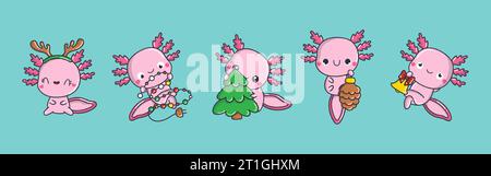 Set von Kawaii Christmas Axolotl. Sammlung von niedlichen Vektor Weihnachten Salamander Illustrationen. Stock Vektor