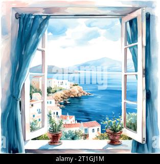 Vintage-Illustration mit blauem Fenster Meer griechenland Aquarell Stock Vektor