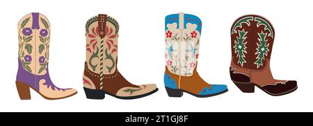 Set verschiedener Cowgirl Stiefel Vektor isoliert. Stock Vektor