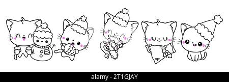 Set der Kawaii Weihnachtskatze Malseite. Sammlung von niedlichen Vektor Weihnachten Tier Outline Stock Vektor