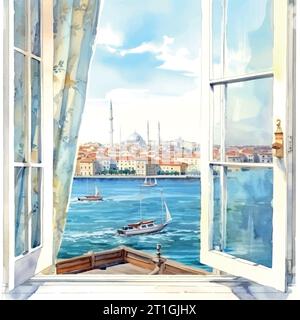 Fenster Meer istanbul Aquarell auf weißem Hintergrund Stock Vektor