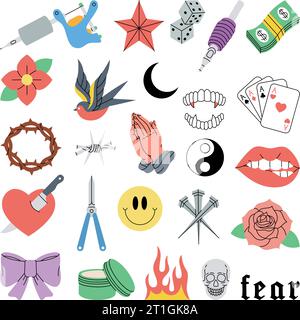 Verschiedene altmodische Tattoos. Tattoos-Set. Schlucken, Rose, Herz, Messer, Anker, Schädel, Hände, Blumen, Schlange. Vektorabbildung. Stock Vektor