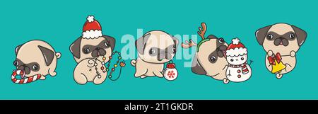 Satz von Vektor Weihnachten Mops Hund Illustrationen. Sammlung von Kawaii Christmas Dog Art für Aufkleber. Stock Vektor
