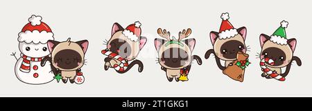 Satz von Kawaii Weihnachten Siam Katze Vektor. Sammlung von Vector Xmas Cat Illustrationen für Aufkleber Stock Vektor