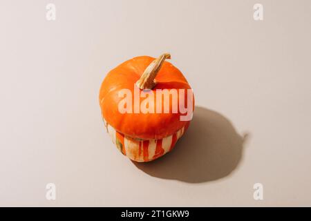 Kleiner oranger dekorativer Kürbis auf neutralem Hintergrund mit scharfem Schatten. Herbsternte, Thanksgiving-Konzept. Draufsicht. Stockfoto