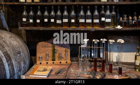 Vermischung von Cognac-Spirituosen und alten dunklen französischen Eichenfässern im Keller in der alten Familienbrennerei in der Weißweinregion Cognac, Charente, Segonz Stockfoto