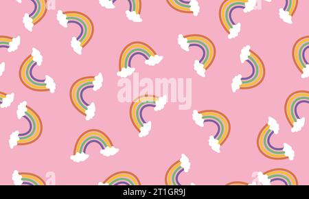 Nahtloses Regenbogenmuster mit Wolkenmuster und rosa Hintergrund, nahtlose Hintergrundtapete mit Regenbogenmuster Stock Vektor