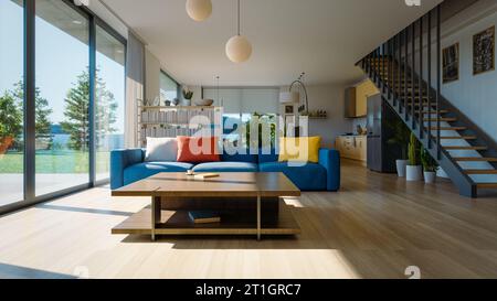 Moderne Wohneinrichtung mit Küche und Wohnzimmer, 3D-Rendering Stockfoto