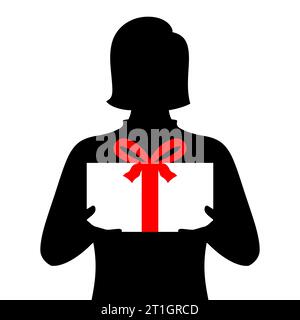 Anonyme Frau, die die Geschenkbox hält, Silhouettenvektor-Illustration isoliert auf weißem Hintergrund. Stock Vektor