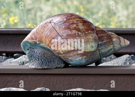 Eine große Schnecke krabbelt auf dem Gleis Stockfoto