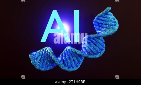 Beleuchtete künstliche Intelligenz mit DNA-Helix im dunklen Hintergrund 3D-Rendering Stockfoto