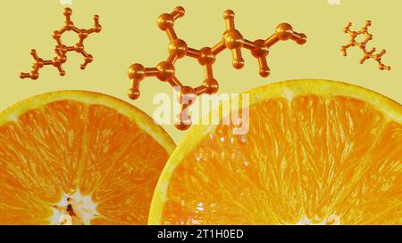 Ascorbinsäure- oder Vitamin-C-Molekül mit 3D-Rendering von halb geschnittenen Orangenfrüchten Stockfoto