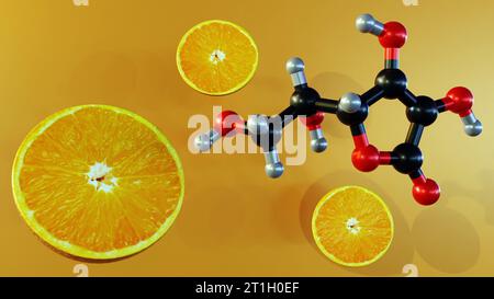 Ascorbinsäure- oder Vitamin-C-Molekül mit 3D-Rendering von halb geschnittenen Orangenfrüchten Stockfoto