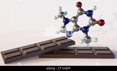 Theobromin oder Xantheose ist das Hauptalkaloid von Theobroma cacao. Theobromin-Moleküle und 3D-Darstellung von Schokoladenriegeln Stockfoto