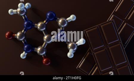 Theobromin oder Xantheose ist das Hauptalkaloid von Theobroma cacao. Theobromin-Moleküle und 3D-Darstellung von Schokoladenriegeln Stockfoto